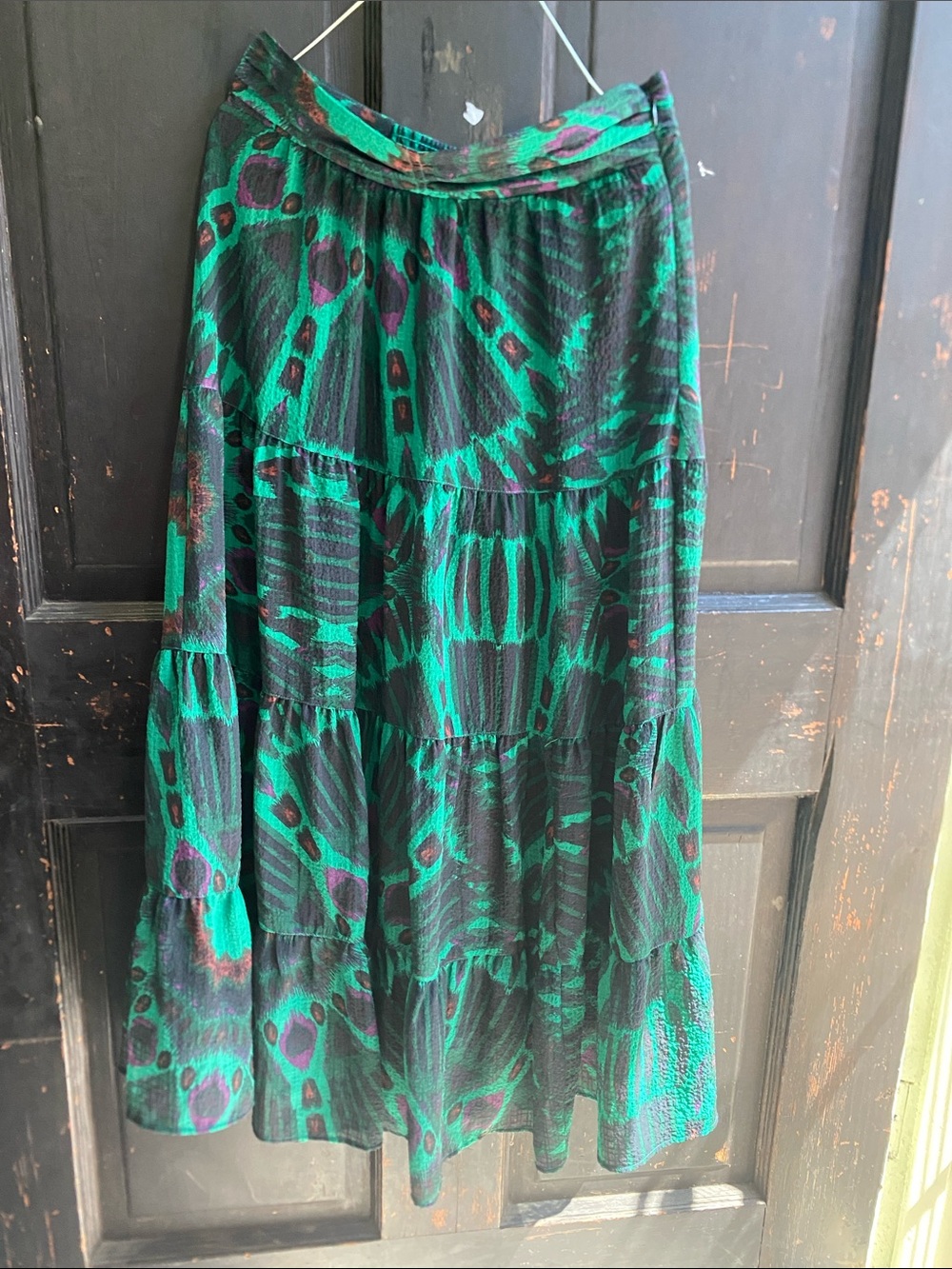 ba&sh Emerald and Black Printed Tiered Maxi Skirt